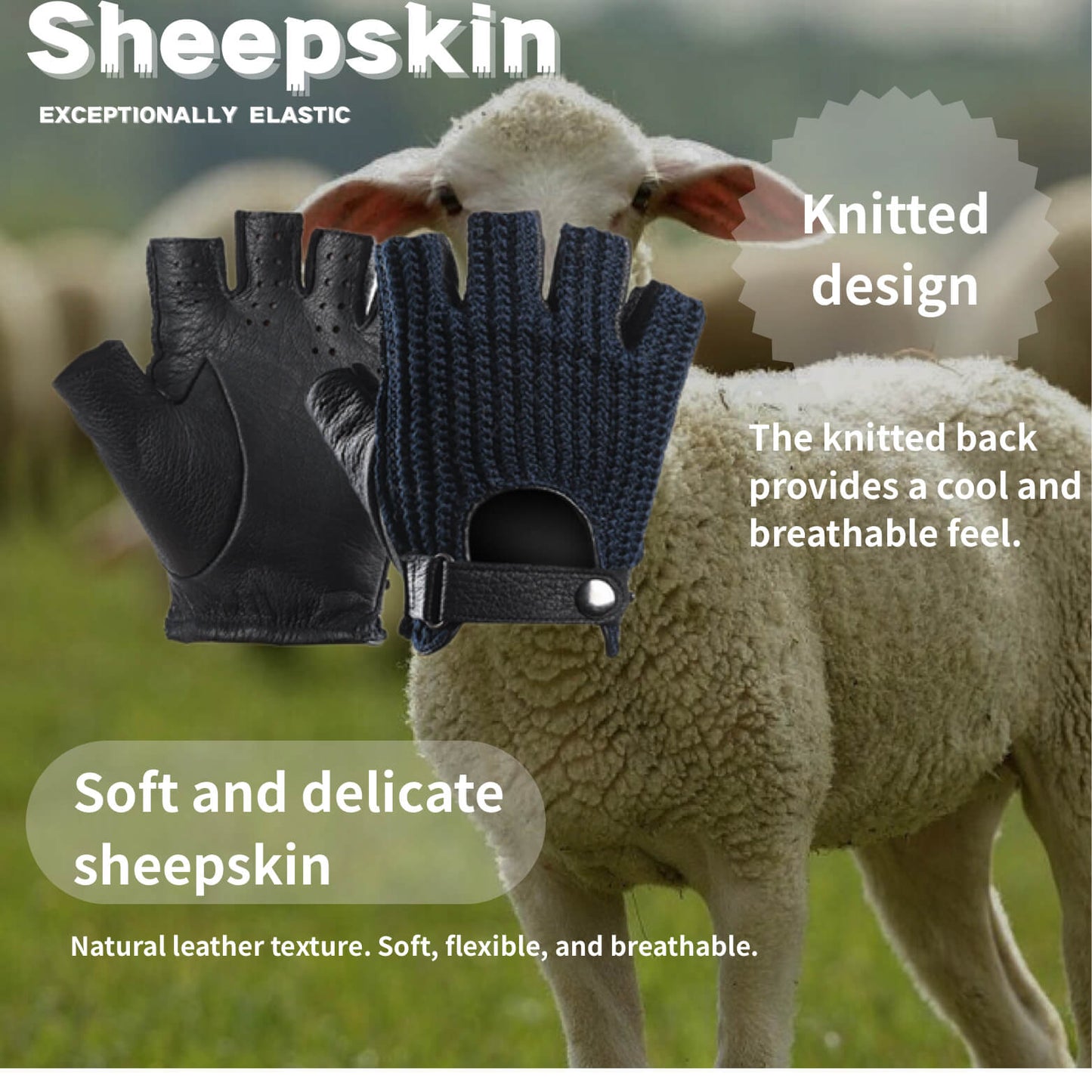 Men’s Retro Sheepskin Driving Gloves – Half-Finger with Woven Back - Blue