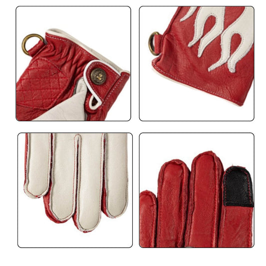 Men’s Deerskin Driving Gloves – Full-Finger with Flame Pattern Design - Red