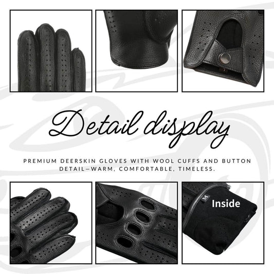 Men’s Retro Goatskin Driving Gloves – Full-Finger with Knuckle Cutouts & Perforated Design - Black