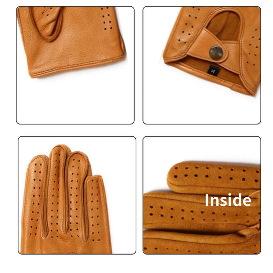 Men’s Retro Goatskin Driving Gloves – Full-Finger with Knuckle Cutouts & Perforated Design - Brown