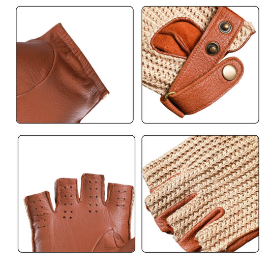 Women’s Retro Sheepskin Driving Gloves – Half-Finger with Woven Back - Brown