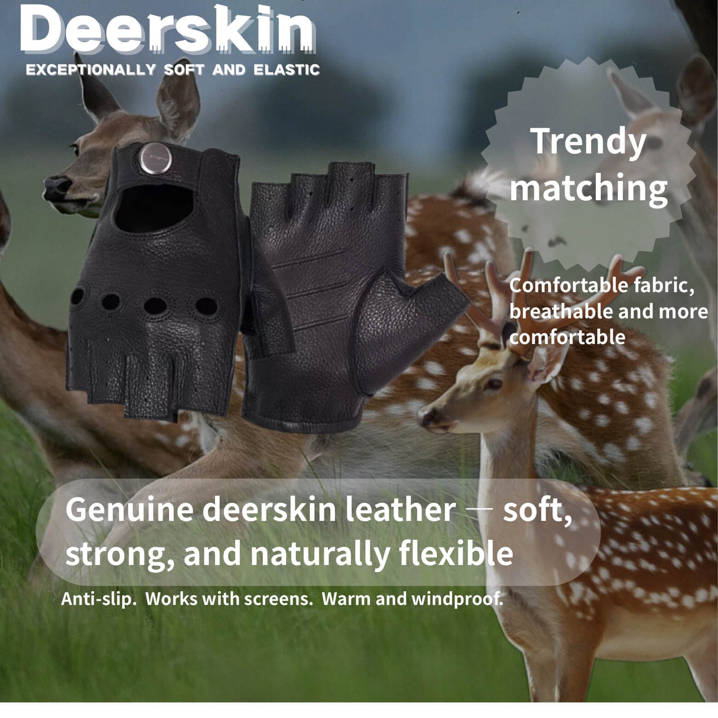 Men’s Classic Deerskin Driving Gloves – Half-Finger with Knuckle Cutouts & Solid Color - Black