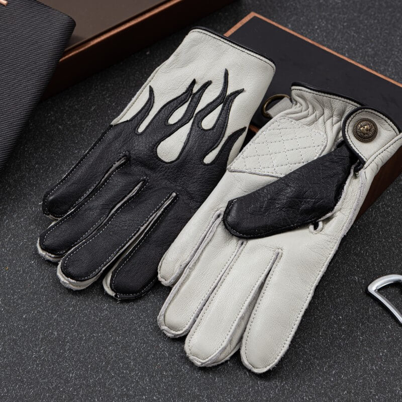 Men’s Deerskin Driving Gloves – Full-Finger with Flame Pattern Design - Black