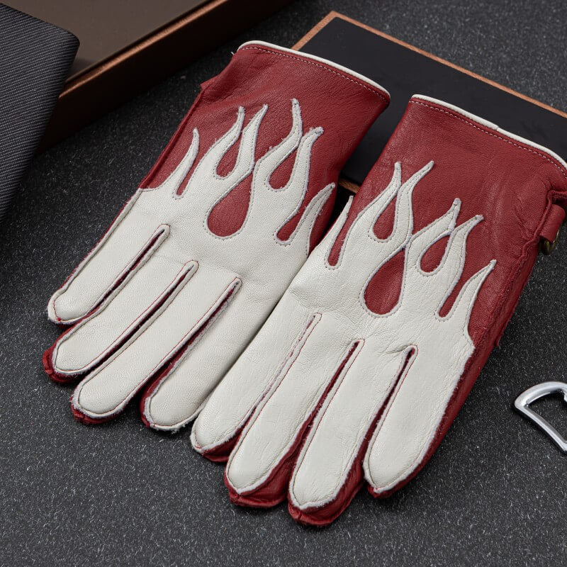 Men’s Deerskin Driving Gloves – Full-Finger with Flame Pattern Design - Red