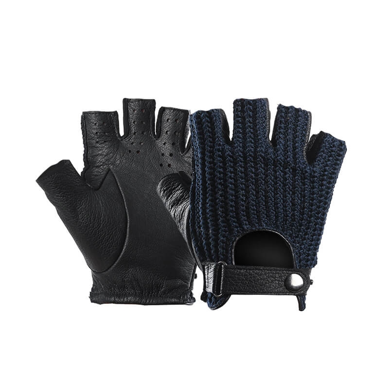 Men’s Retro Sheepskin Driving Gloves – Half-Finger with Woven Back - Blue