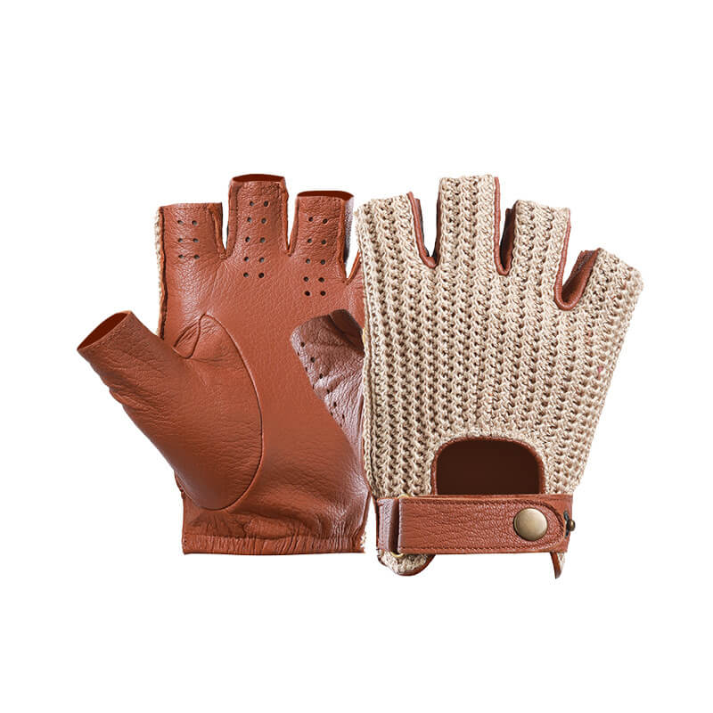 Men’s Retro Sheepskin Driving Gloves – Half-Finger with Woven Back - Brown