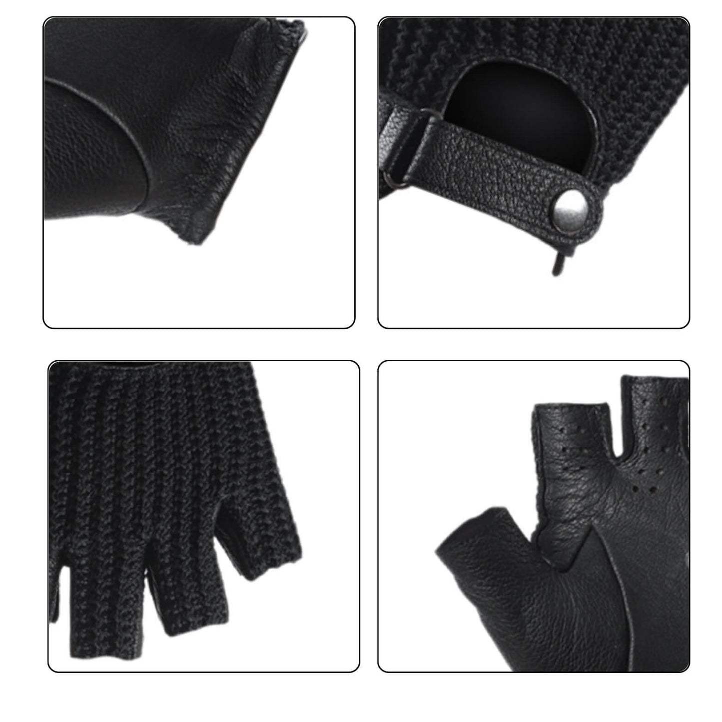 Men’s Retro Sheepskin Driving Gloves – Half-Finger with Woven Back - Black