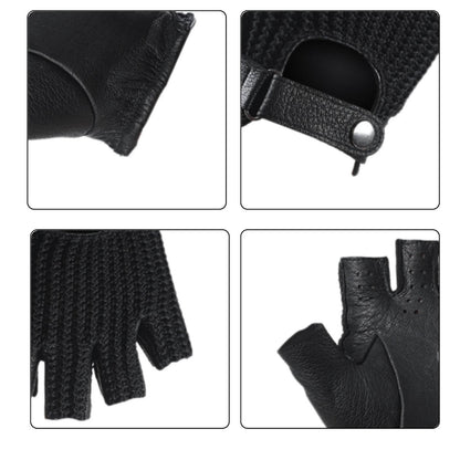 Men’s Retro Sheepskin Driving Gloves – Half-Finger with Woven Back - Black