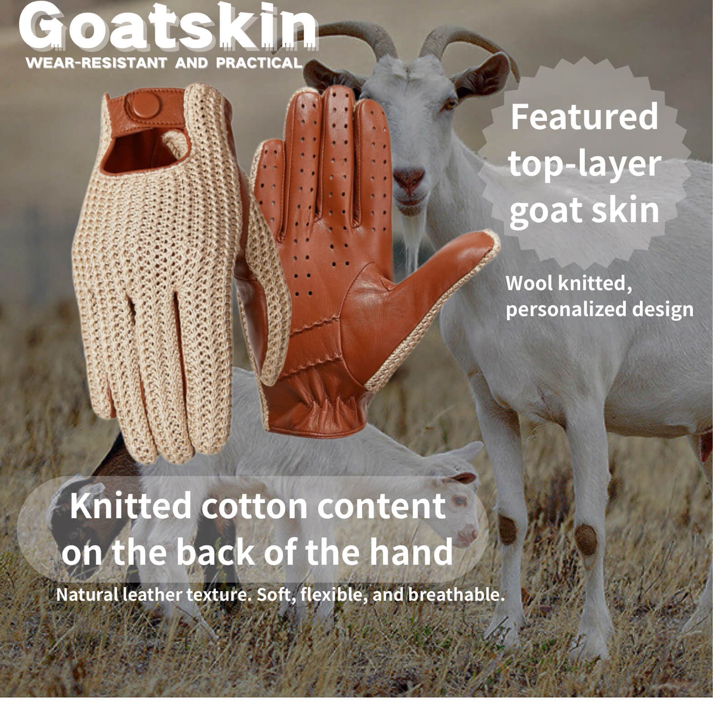 Men’s Retro Goatskin Driving Gloves – Full-Finger with Woven Back - Beige