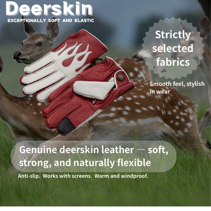 Men’s Deerskin Driving Gloves – Full-Finger with Flame Pattern Design - Red