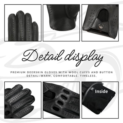 Men’s Retro Goatskin Driving Gloves – Full-Finger with Knuckle Cutouts & Perforated Design - Black