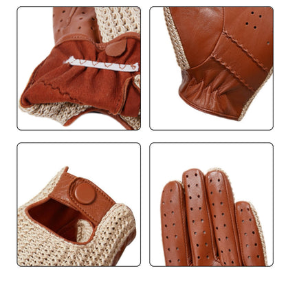 Men’s Retro Goatskin Driving Gloves – Full-Finger with Woven Back - Beige