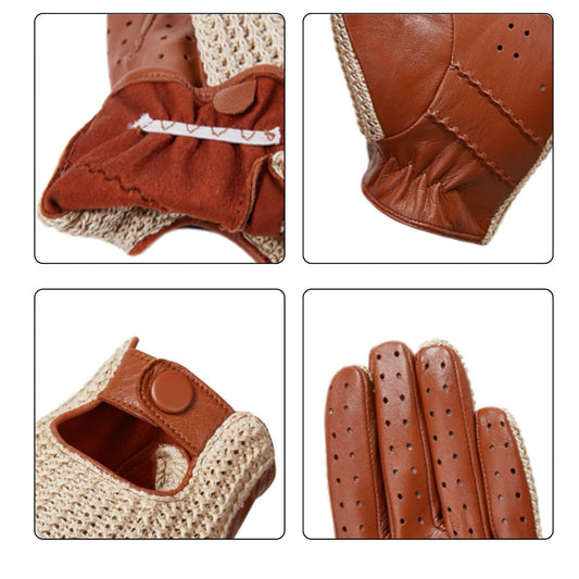 Men’s Retro Goatskin Driving Gloves – Full-Finger with Woven Back - Beige
