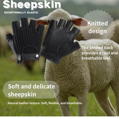 Men’s Retro Sheepskin Driving Gloves – Half-Finger with Woven Back - Black