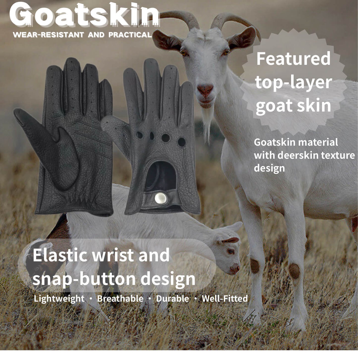 Men’s Retro Goatskin Driving Gloves – Full-Finger with Knuckle Cutouts & Solid Color – Thin & Breathable