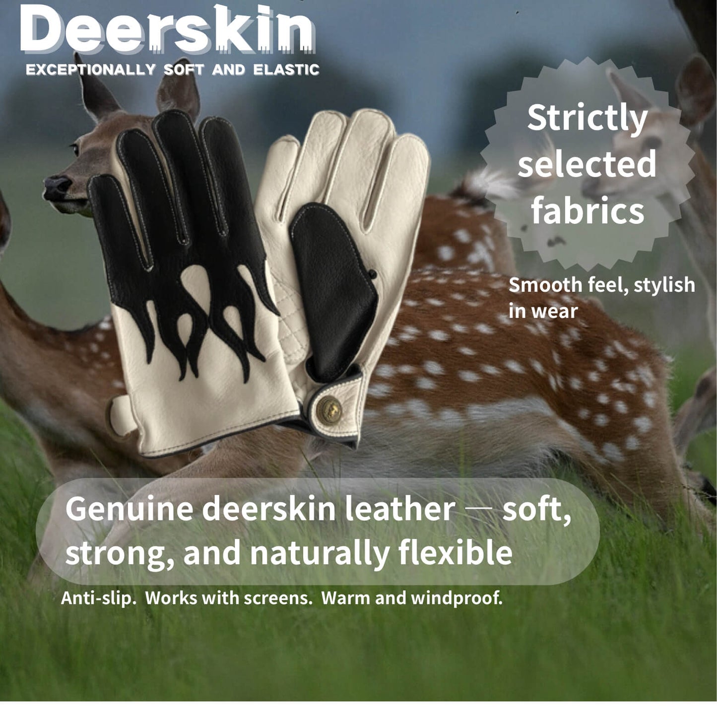 Men’s Deerskin Driving Gloves – Full-Finger with Flame Pattern Design - Black