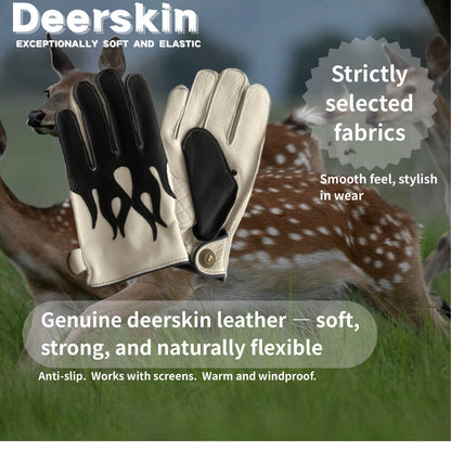 Men’s Deerskin Driving Gloves – Full-Finger with Flame Pattern Design - Black