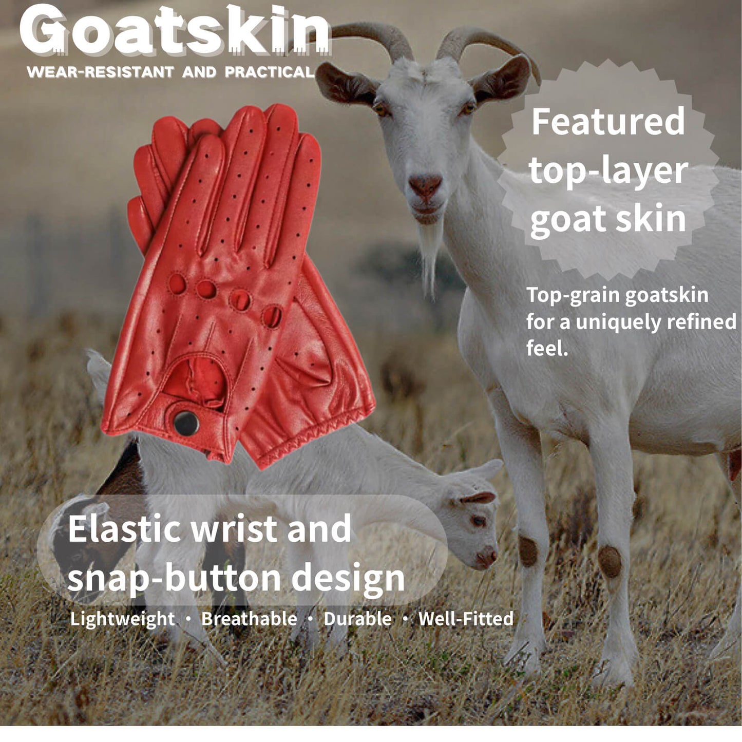 Women’s Retro Goatskin Driving Gloves – Full-Finger with Knuckle Cutouts & Solid Color