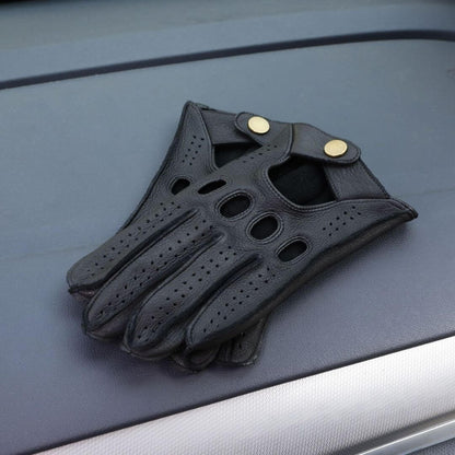 Men’s Retro Goatskin Driving Gloves – Full-Finger with Knuckle Cutouts & Perforated Design - Black