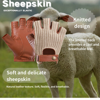 Men’s Retro Sheepskin Driving Gloves – Half-Finger with Woven Back - Brown