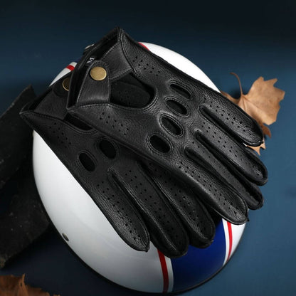 Men’s Retro Goatskin Driving Gloves – Full-Finger with Knuckle Cutouts & Perforated Design - Black