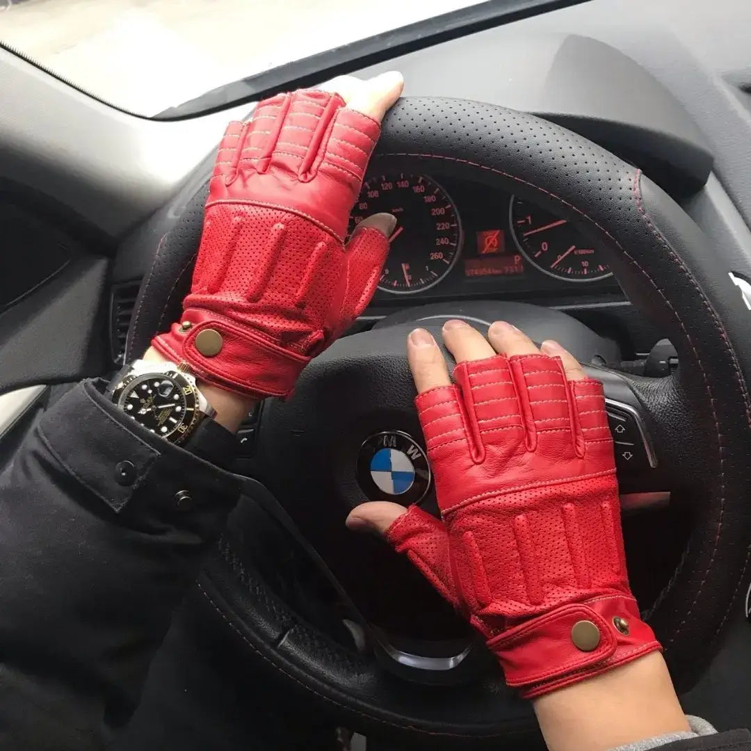 Men’s Retro Sheepskin Driving Gloves – Half-Finger with Stitched Accents