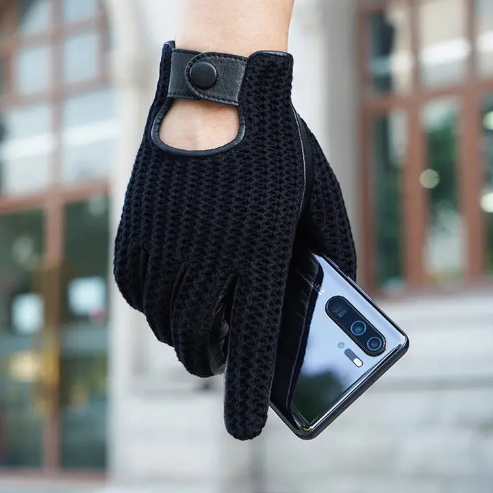 Men’s Retro Goatskin Driving Gloves – Full-Finger with Woven Back - Black