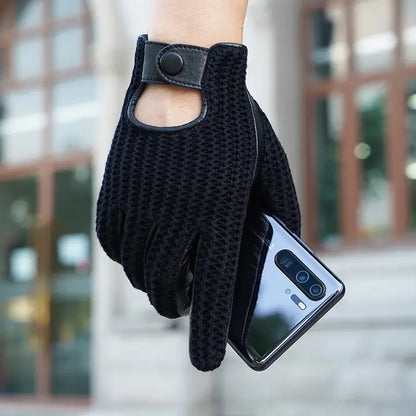 Men’s Retro Goatskin Driving Gloves – Full-Finger with Woven Back - Black