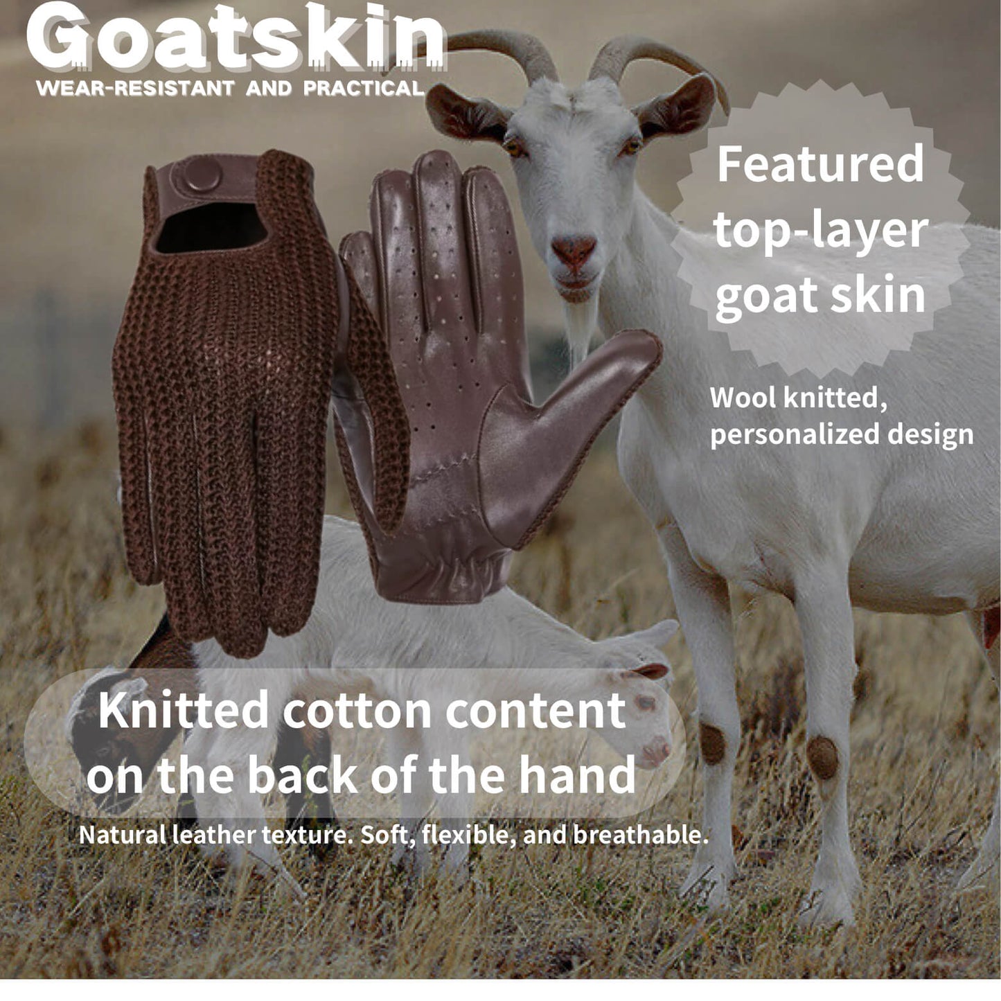Men’s Retro Goatskin Driving Gloves – Full-Finger with Woven Back - Brown