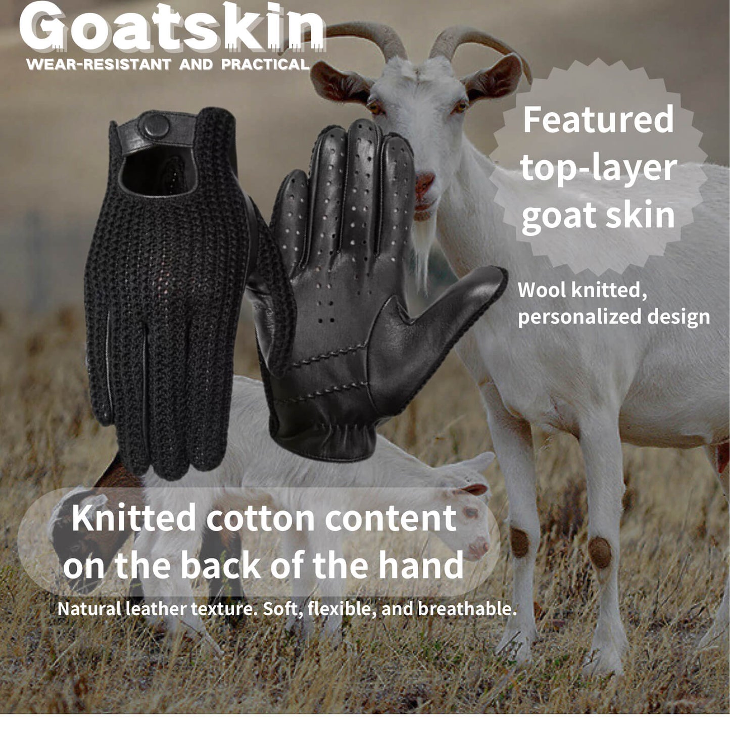 Men’s Retro Goatskin Driving Gloves – Full-Finger with Woven Back - Black