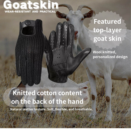 Men’s Retro Goatskin Driving Gloves – Full-Finger with Woven Back - Black