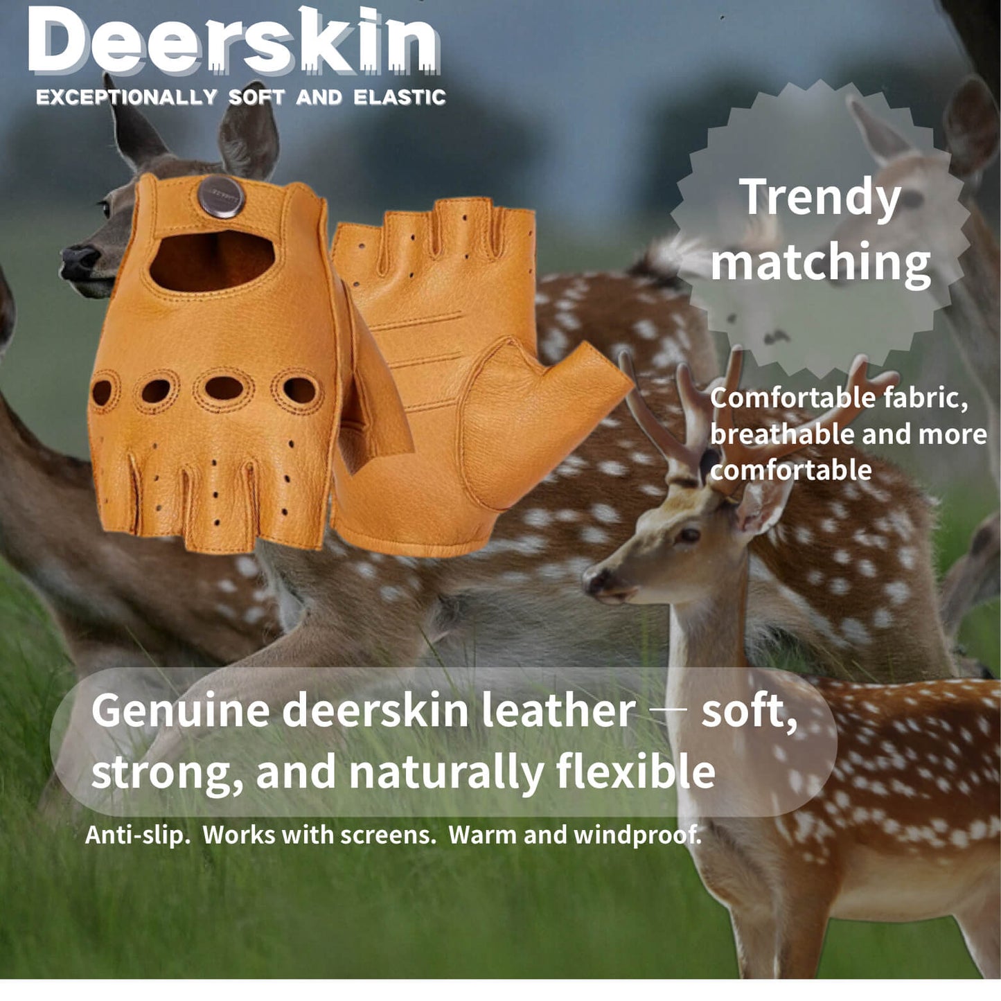 Men’s Classic Deerskin Driving Gloves – Half-Finger with Knuckle Cutouts & Solid Color - Camel