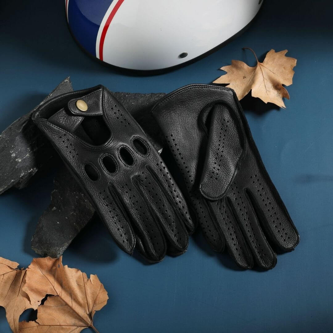 Men’s Retro Goatskin Driving Gloves – Full-Finger with Knuckle Cutouts & Perforated Design - Black