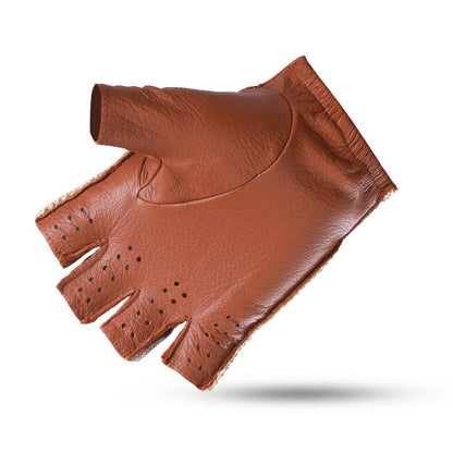 Men’s Retro Sheepskin Driving Gloves – Half-Finger with Woven Back - Brown