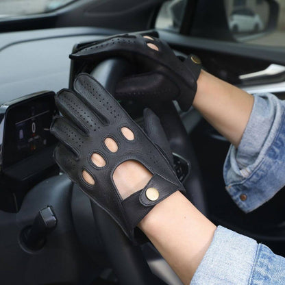 Men’s Retro Goatskin Driving Gloves – Full-Finger with Knuckle Cutouts & Perforated Design - Black