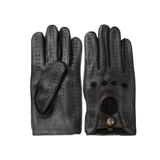 Men’s Retro Goatskin Driving Gloves – Full-Finger with Knuckle Cutouts & Perforated Design - Black