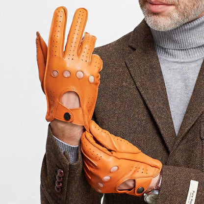 Men’s Retro Goatskin Driving Gloves – Full-Finger with Knuckle Cutouts & Perforated Design