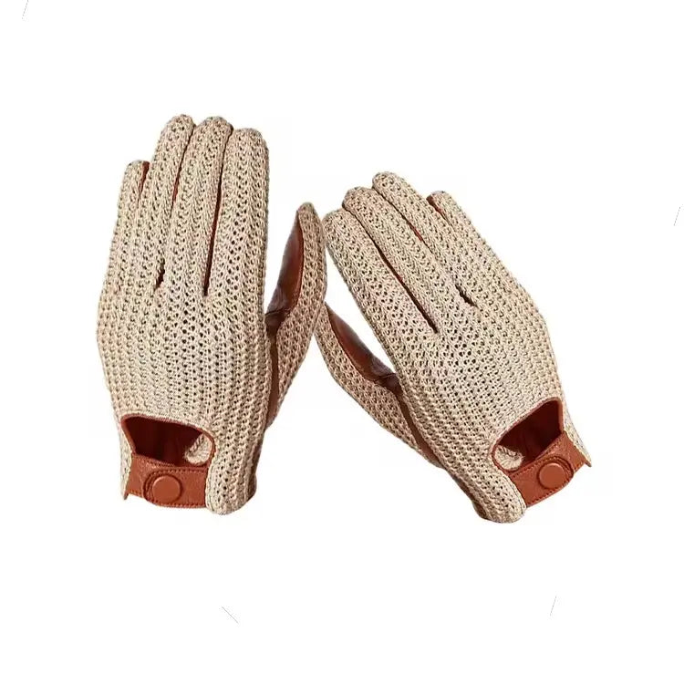 Men’s Retro Goatskin Driving Gloves – Full-Finger with Woven Back - Beige