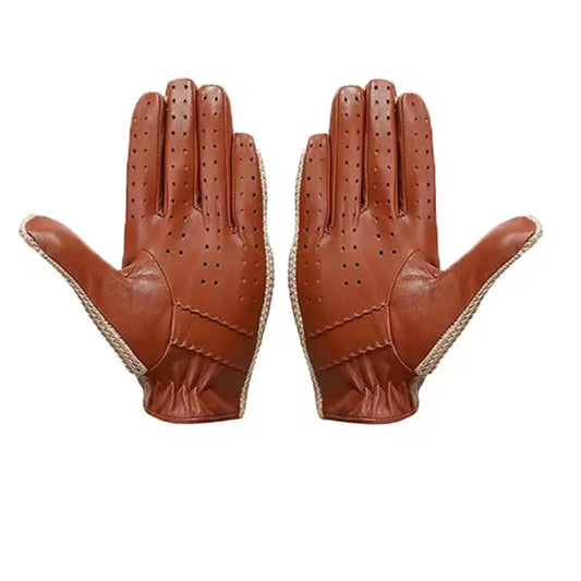 Men’s Retro Goatskin Driving Gloves – Full-Finger with Woven Back - Beige