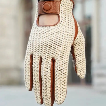 Men’s Retro Goatskin Driving Gloves – Full-Finger with Woven Back - Beige
