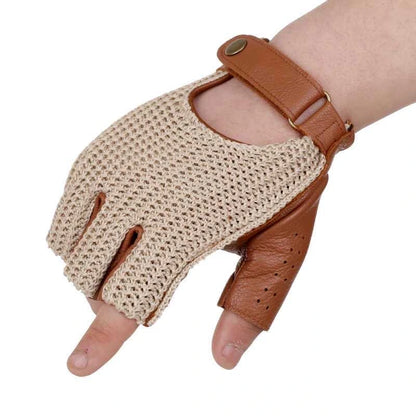 Men’s Retro Sheepskin Driving Gloves – Half-Finger with Woven Back - Brown