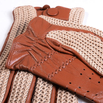 Men’s Retro Goatskin Driving Gloves – Full-Finger with Woven Back - Beige