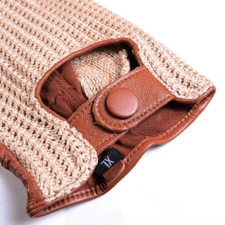 Men’s Retro Goatskin Driving Gloves – Full-Finger with Woven Back - Beige