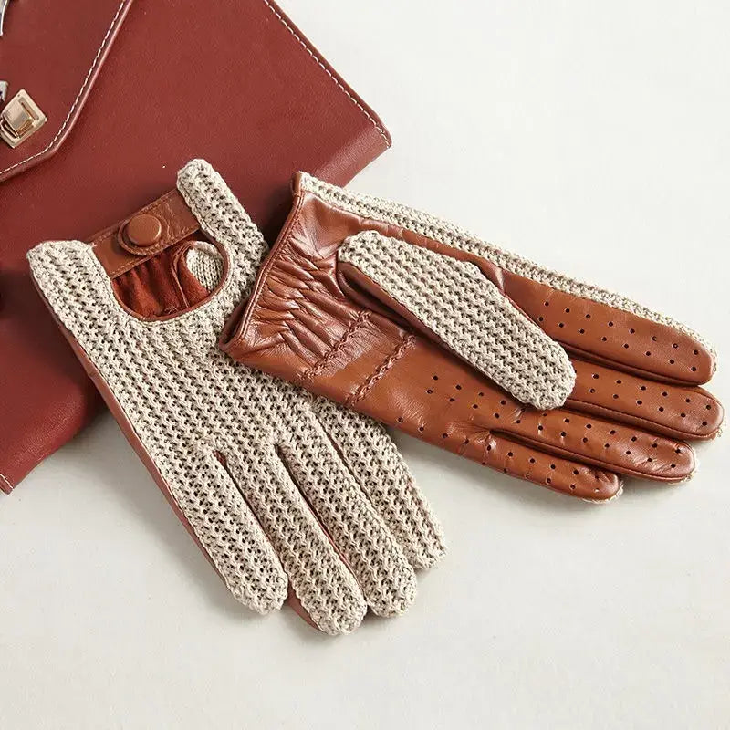 Men’s Retro Goatskin Driving Gloves – Full-Finger with Woven Back - Beige