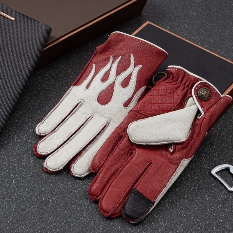 Men’s Deerskin Driving Gloves – Full-Finger with Flame Pattern Design - Red