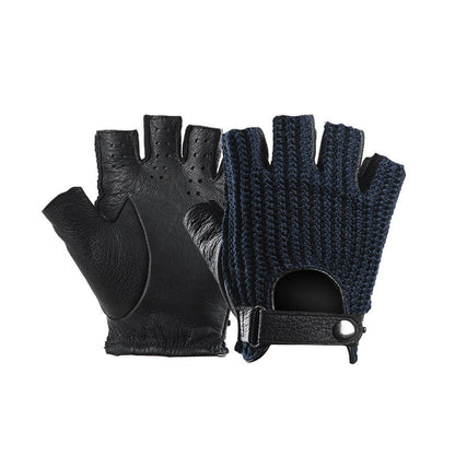 Men’s Retro Sheepskin Driving Gloves – Half-Finger with Woven Back - Blue