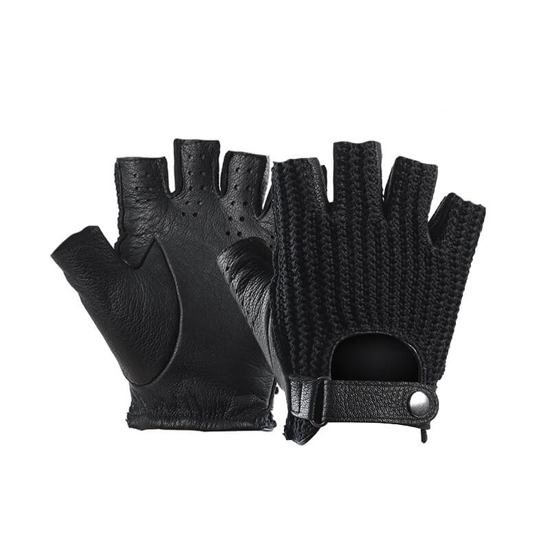 Men’s Retro Sheepskin Driving Gloves – Half-Finger with Woven Back - Black