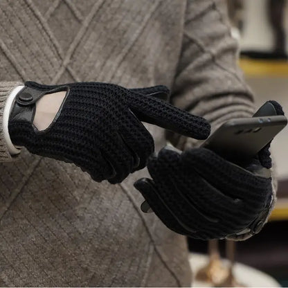 Men’s Retro Goatskin Driving Gloves – Full-Finger with Woven Back - Black